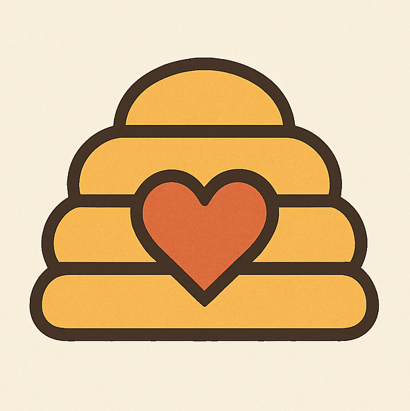 Image of a beehive with a red heart in the middle centered in a square with a beige background.