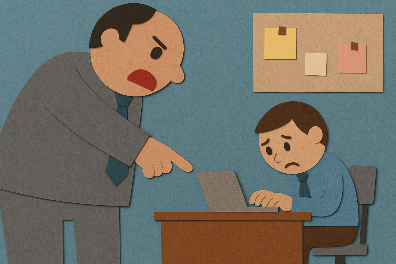 Illustration in a construction paper art style showing a frustrated boss angrily pointing at a nervous employee. The boss stands on the left in a gray suit, towering over the employee, who is hunched over a laptop at a brown desk. The employee looks stressed and anxious. In the background is a corkboard with three sticky notes. The scene captures the tension and control of a micromanaging workplace.